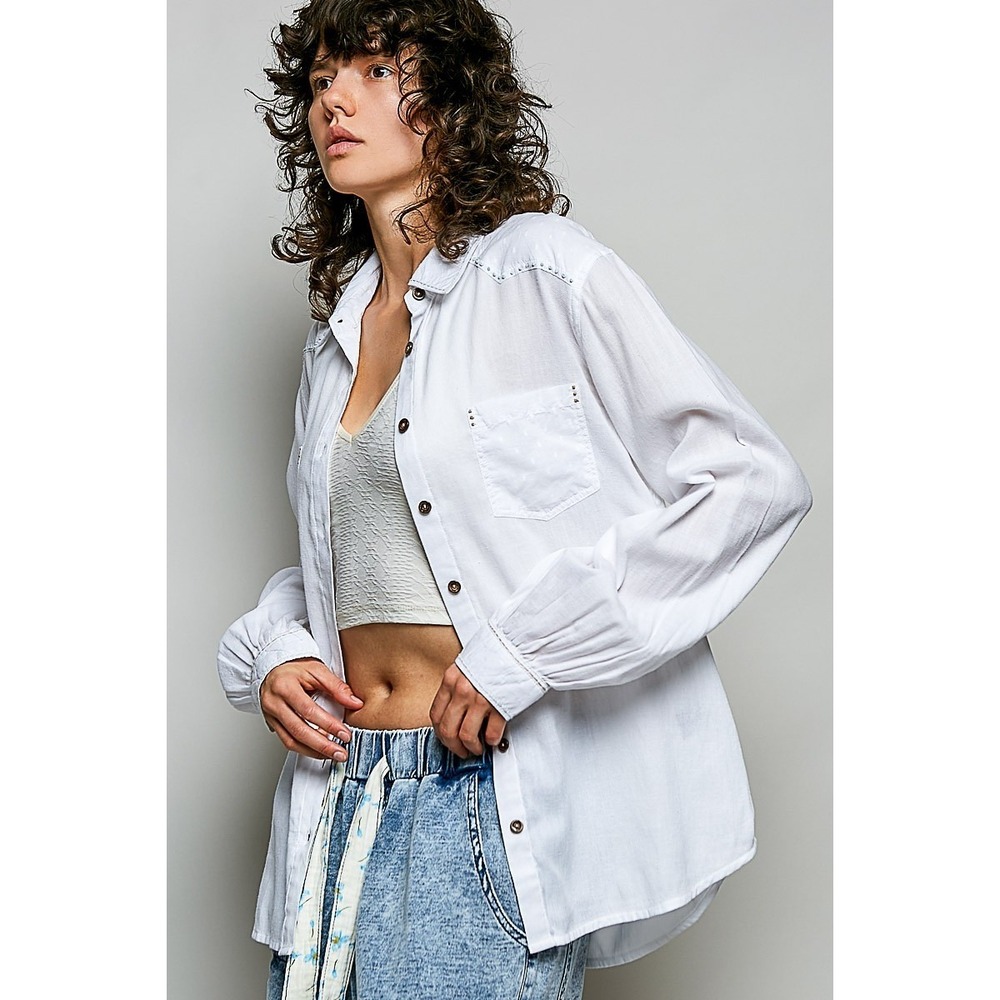 POL Washed Textured Cotton Western Button Front Shirt - Off White - Small - Picture 2 of 6